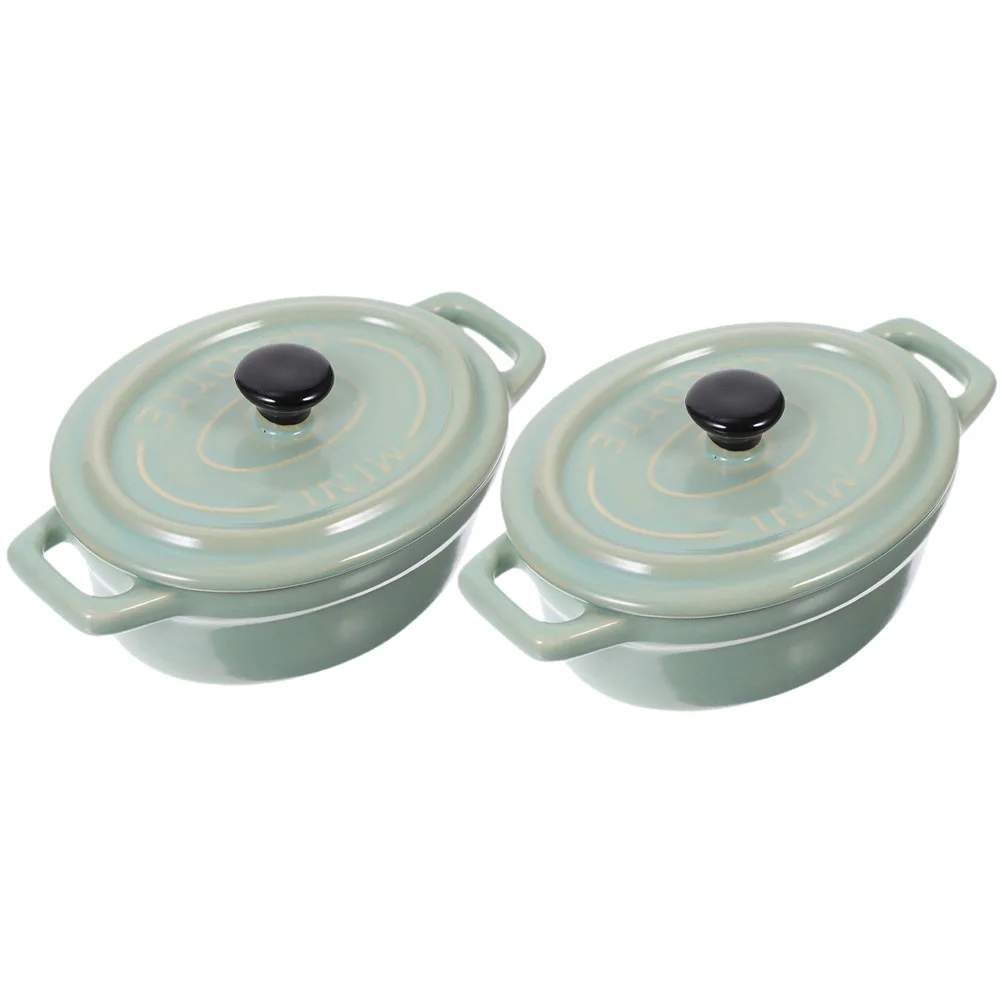 

2pcs With Lid Ceramic Double Handle Decorative Salad Bowl Food Container Dessert Bowl