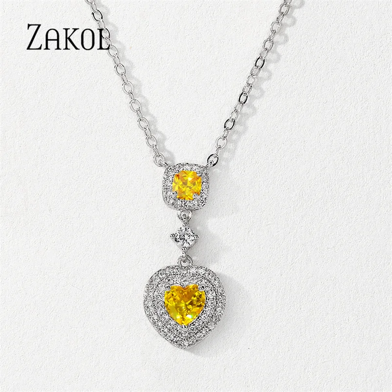 

ZAKOL Fashion Exquisite Yellow Micro Inlaid Cz Zircon Heart Pendant Necklace for Women Bridal Wedding Jewelry NP2246