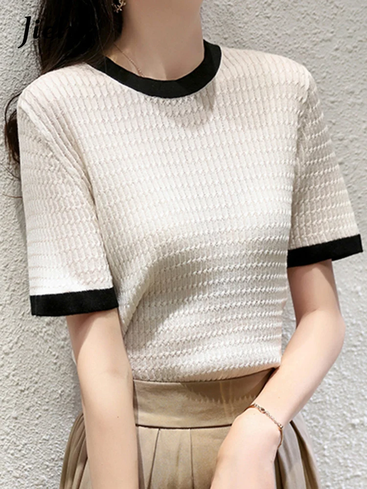 

Женская трикотажная футболка Jielur, белая тонкая футболка контрастных цветов с вырезами и коротким рукавом, лето 2022