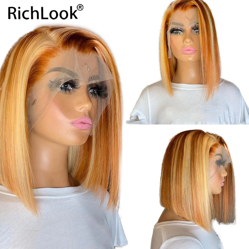 Short Bob Straight Cut 13X4 Lace Front Human Hair Closure Frontal Wigs 613 Honey Blonde Ginger Highlight Ombre Color  Preplucked