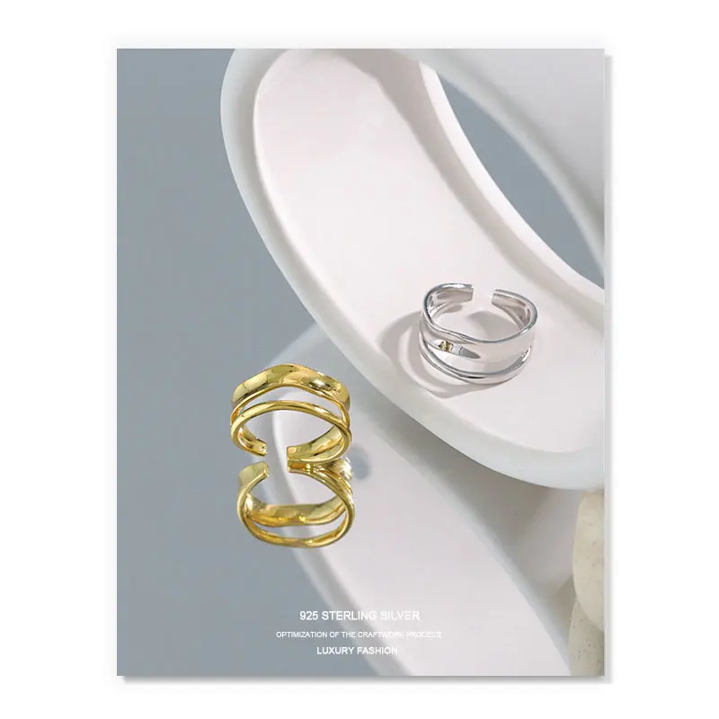 

Double-layer Gold Opening Ring 925 Sterling Silver For Women Irregular Valentine's Day Gift Bijoux Femme 2021 Minimalist Jewelry