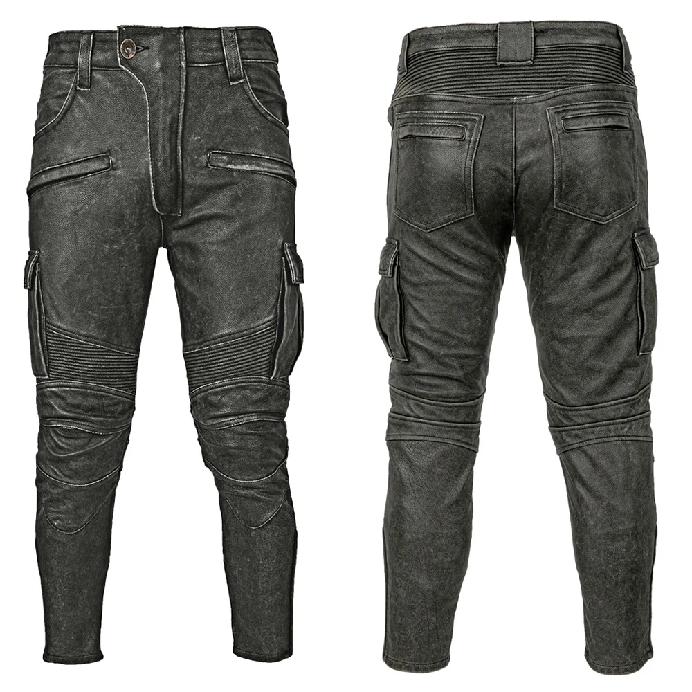 

Motorcycle Black Vintage Trousers Men Grey Leather Pant Thick Natural Cowhide Men's Motor Biker Racer Pants Asian Size