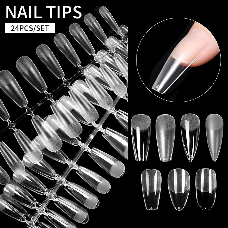

24pcs/set False Nail Art Tips Press on Gel Fake Nails Full Cover Square Almond Semi-Frosted Stiletto Nail Capsule Salon Tip