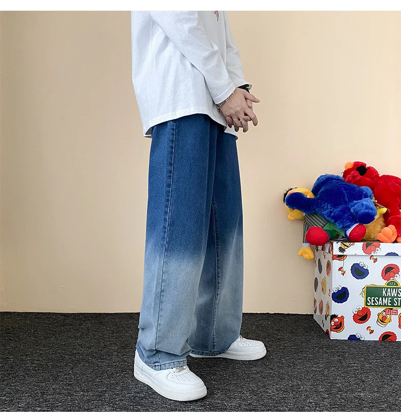 New Men's Jeans Korean Version of The Trend Gradient Blue Loose Straight Denim Trousers Wide-leg Pants Fashion Casual Streetwear