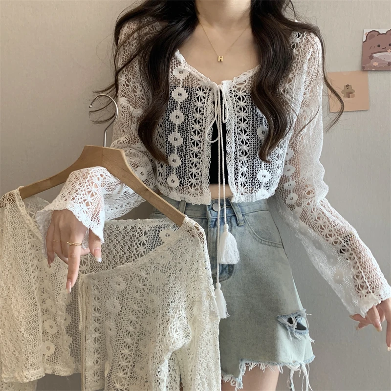 

Bohemian Tassels Cropped Cardigan Women Summer New Slim Long Sleeve Hollow Knitted Cardigans Tops Mujer