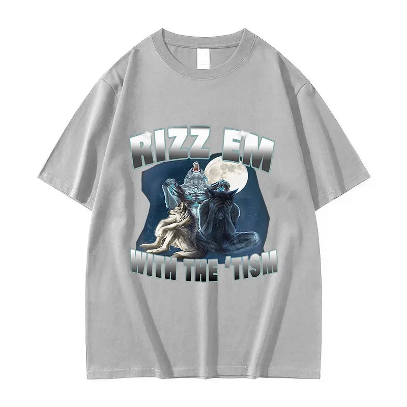 Rizz Em with The Tism Wolf Забавная футболка с мемом Мужская мода О-образным вырезом