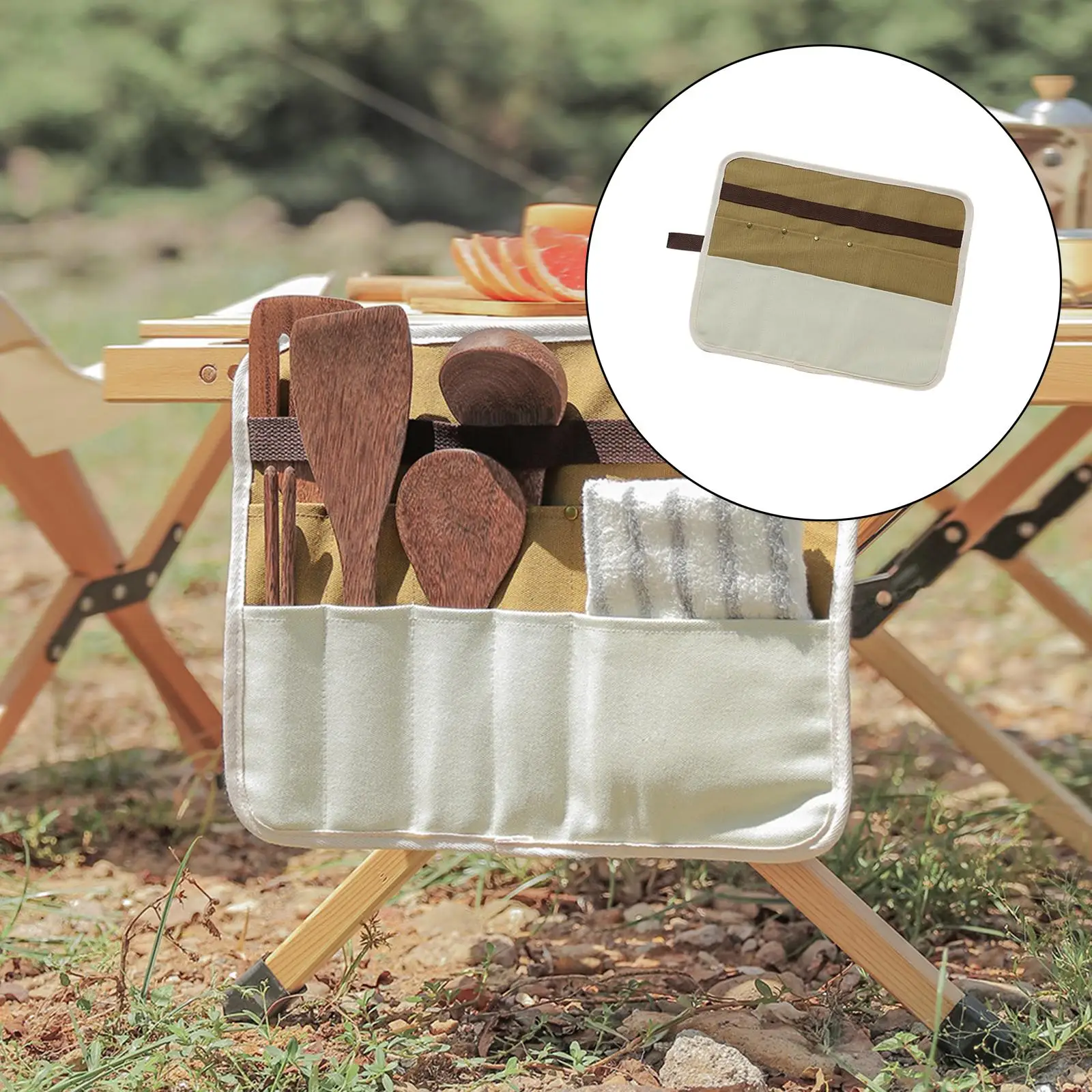 

Tableware Storage Bag Canvas Hanging Cutlery Wrinkles for Camping