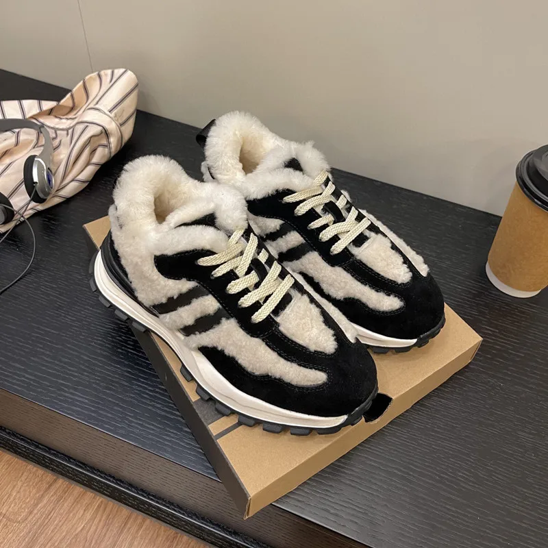 

INS Fashion Snow Women Boots NB Korean Style Platform Sneakers Shoes For Women Plush Winter Flats Lace Up Shoes Botas Mujer