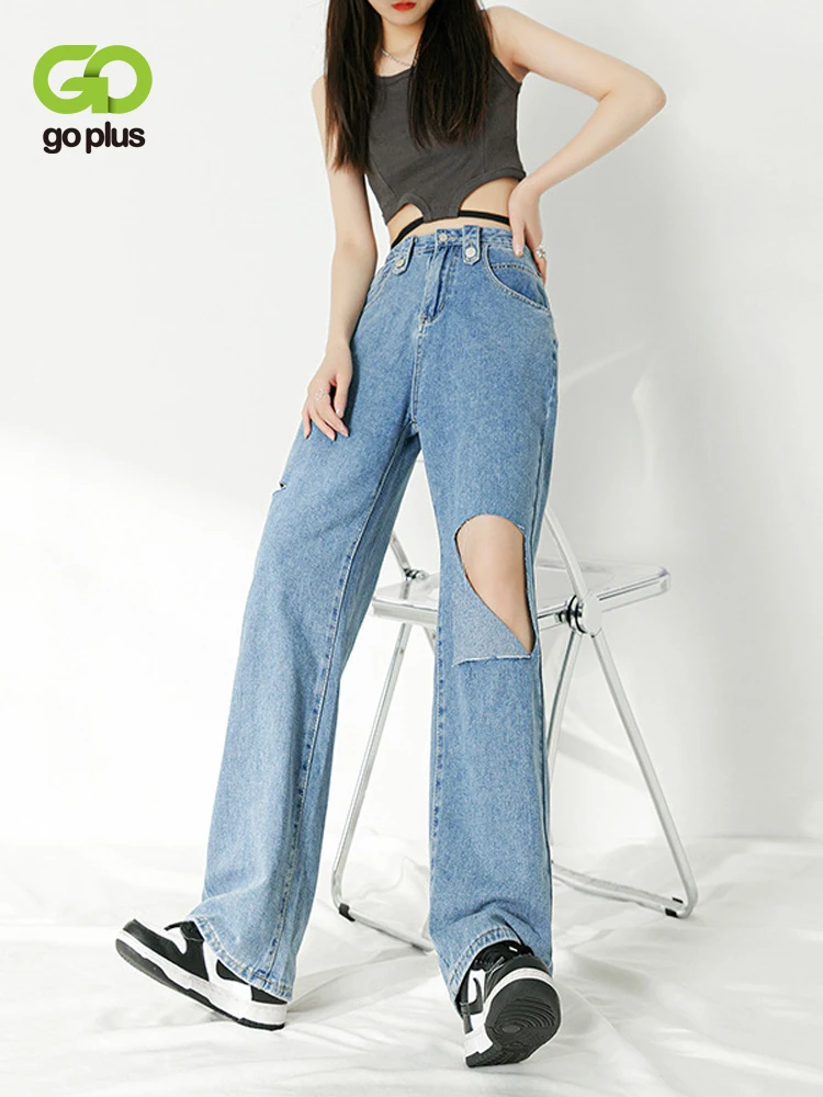 

GOPLUS Summer Pants Y2k Baggy Jeans Women High Waist Blue Jeans One Piece Ripped Denim Pants Vaqueros Mujer Cintura Alta C60317