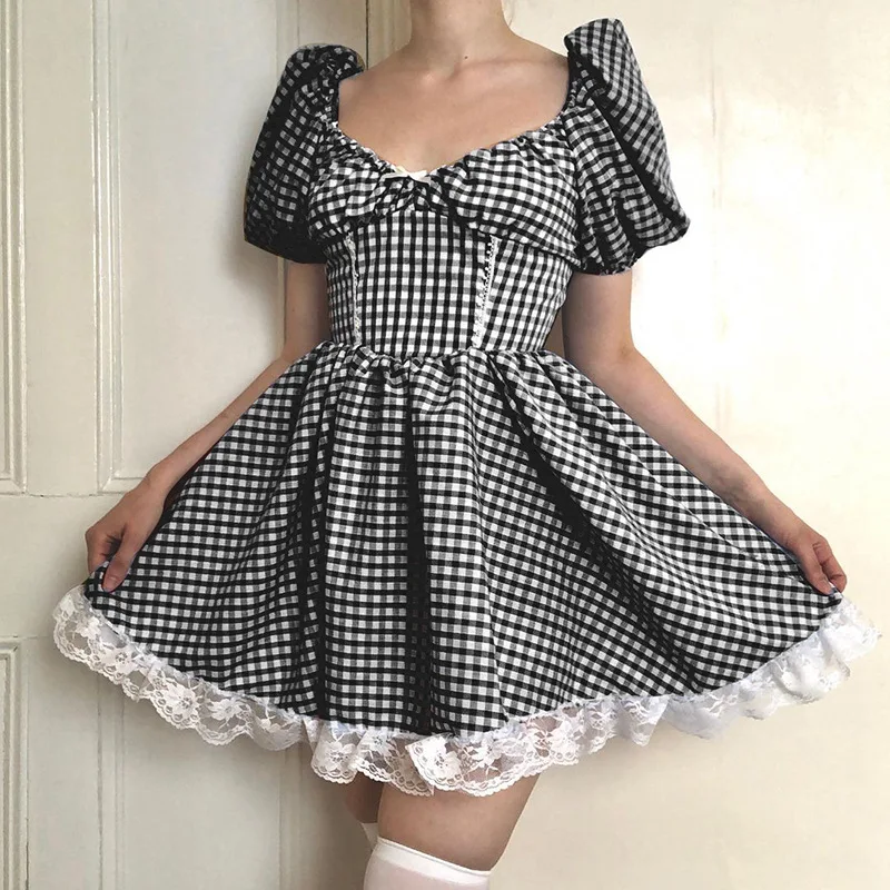 

Women Gothic Puffed Short Sleeve Vintage Plaid Print Mini Dress Sexy V-neck Bowknot Pleated A Line Lace Patchwork Sundress