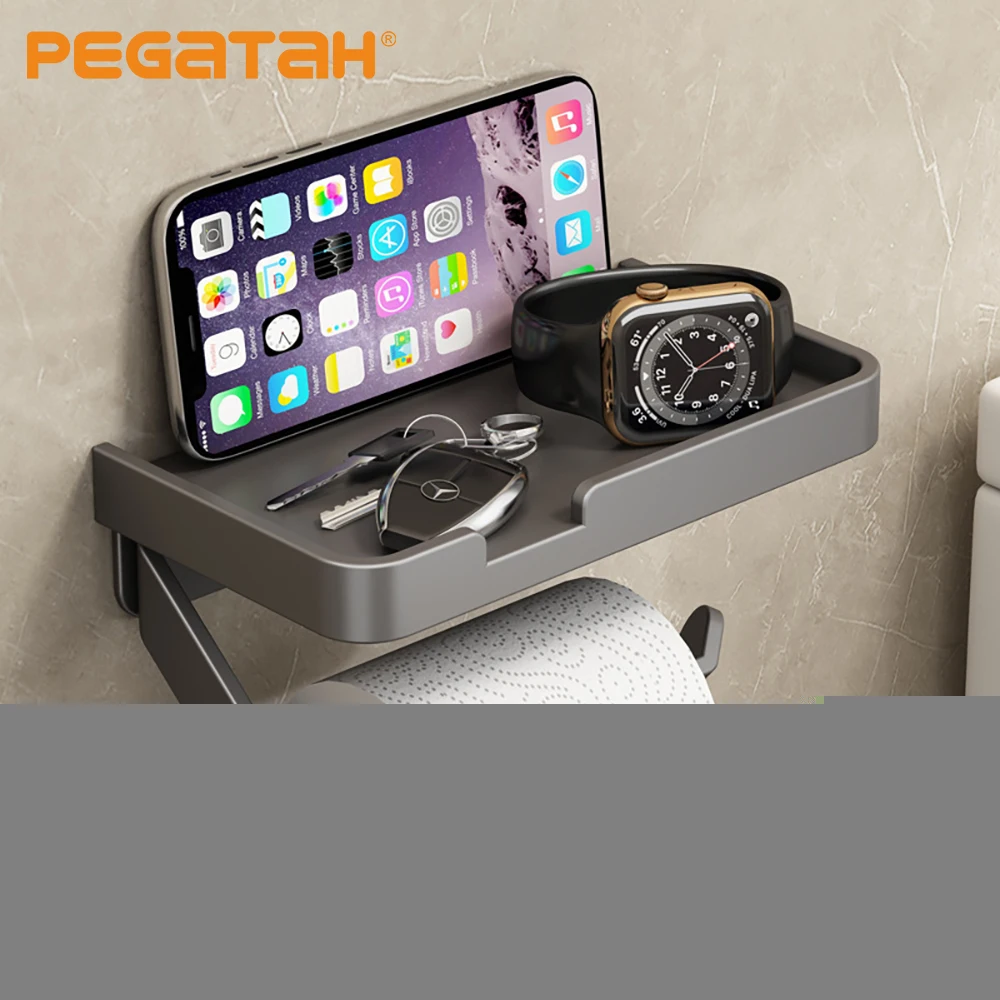 

Toilet Paper Holder with Phone Shelf Self Adhesive Toilet Paper Roll Holder for Bathroom Aluminum Tissue Paper Roll Holder