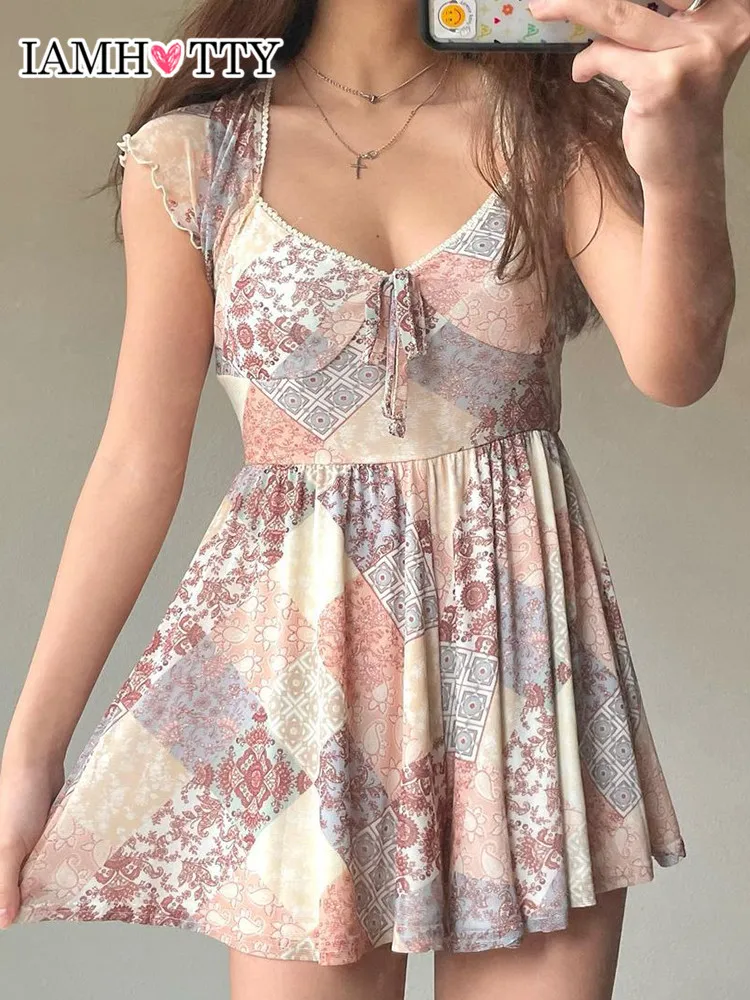 

IAMHOTTY Printed Fairycore Grunge Mini Dress Women V-neck Lace-up Short Sleeve A-line Dresses Vintage Casual Pleated Dress Cute
