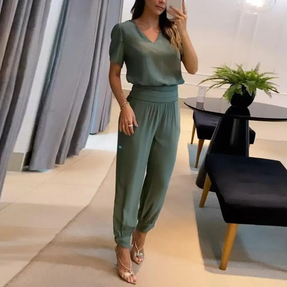 

2Pcs/Set Summer Outfit High Waist Casual Outfit Women Casual T-shirt Elastic Harem Pants Set