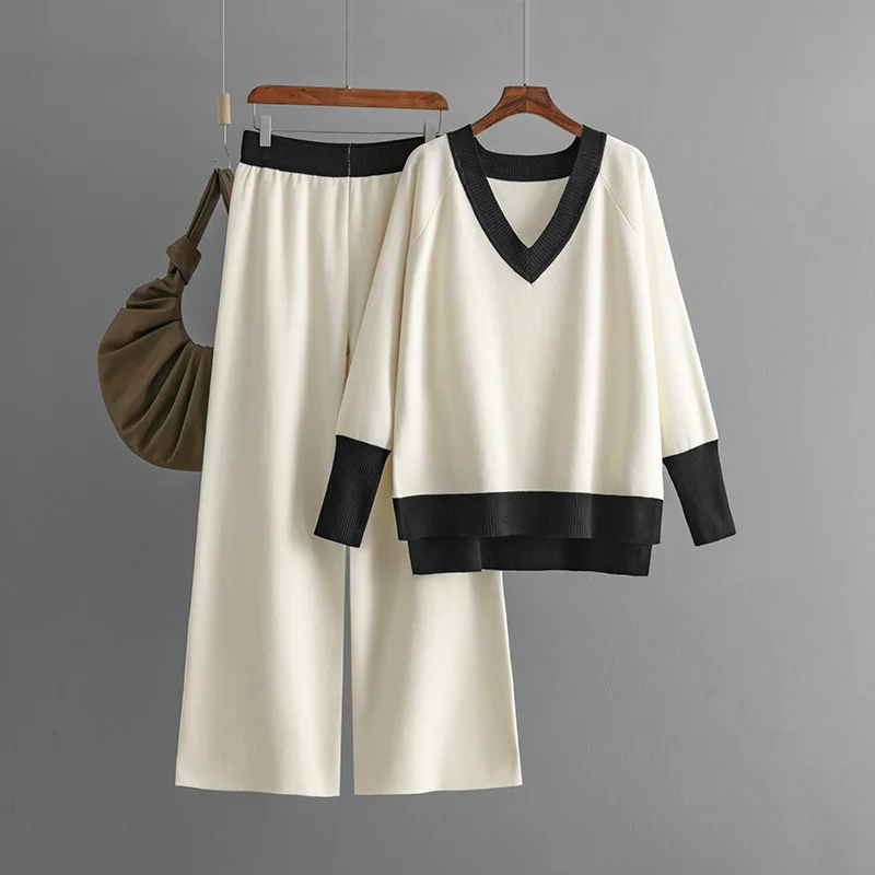 Шикарный Свободный вязаный комплект из 2 предметов женская трикотажная одежда с