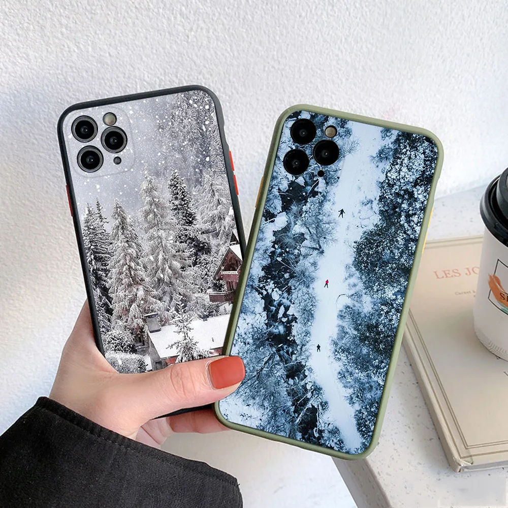 Skin Feel Translucent Phone Case For iPhone 16 Pro Max 15 14 13 12 11 7 8Plus SE Mini XR Ice Mountains Snow Frosted Black Cover
