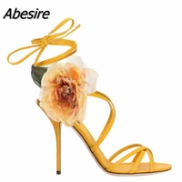 fashion yellow flower high heel sandals stiletto cross strap open toe ladies sandals sexy party dance shoes large size 34 43