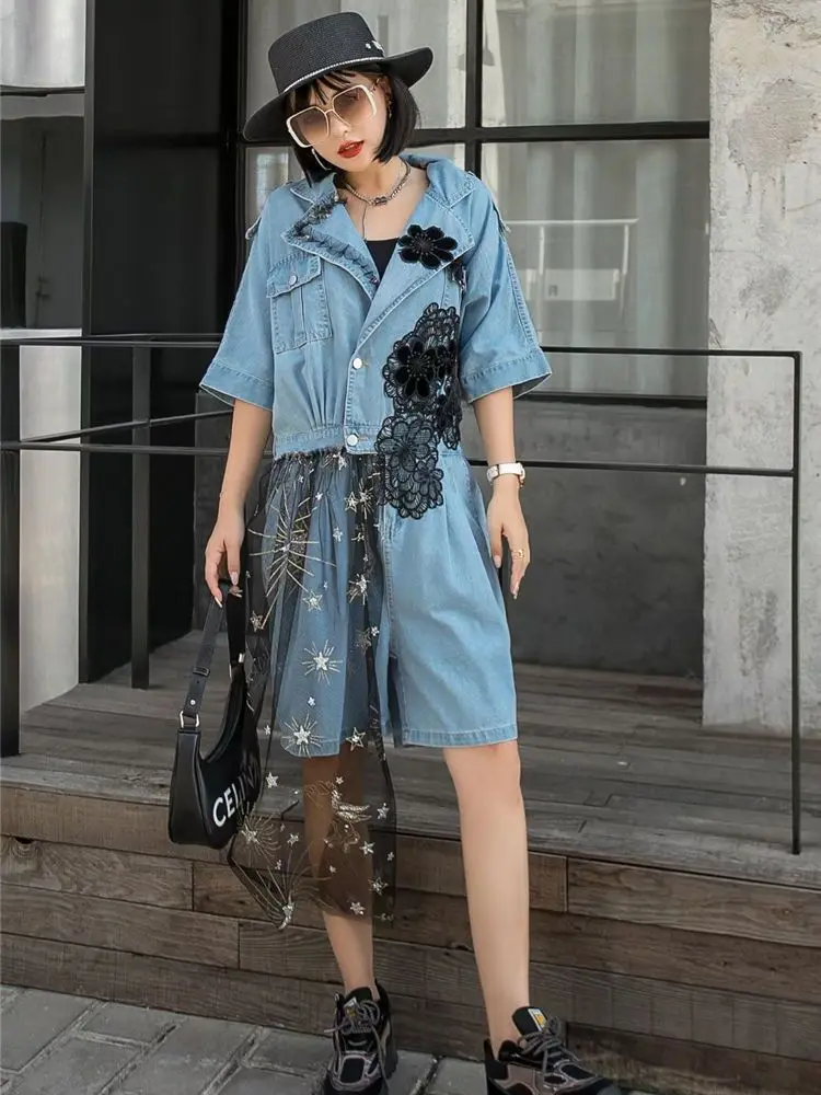 

Комбинезон женский джинсовый с коротким рукавом, сетчатый однобортный свободный Ромпер в стиле пэчворк, уличная одежда с широкими штанинами, на лето