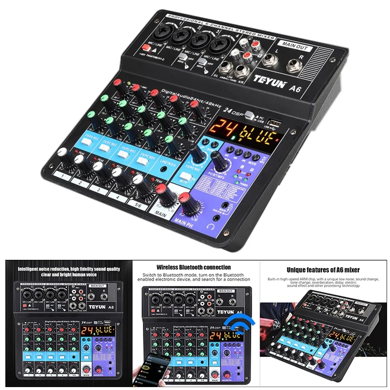 

Professional Sound Card 6-Channel Mixer Outdoor Conference Audio USB Bluetooth Reverb Audio For Microphone Live