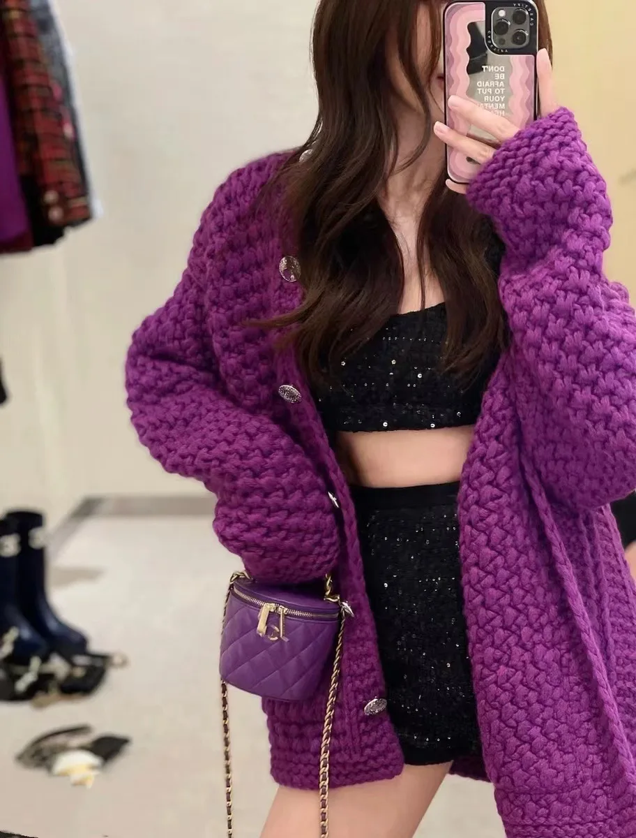 2023 New Spring Fashion Purple Knitted Cardigans Coat Lazy Wind Coarse Wool Sweater Mid-long Loose Long Sleeve Women Knitwear