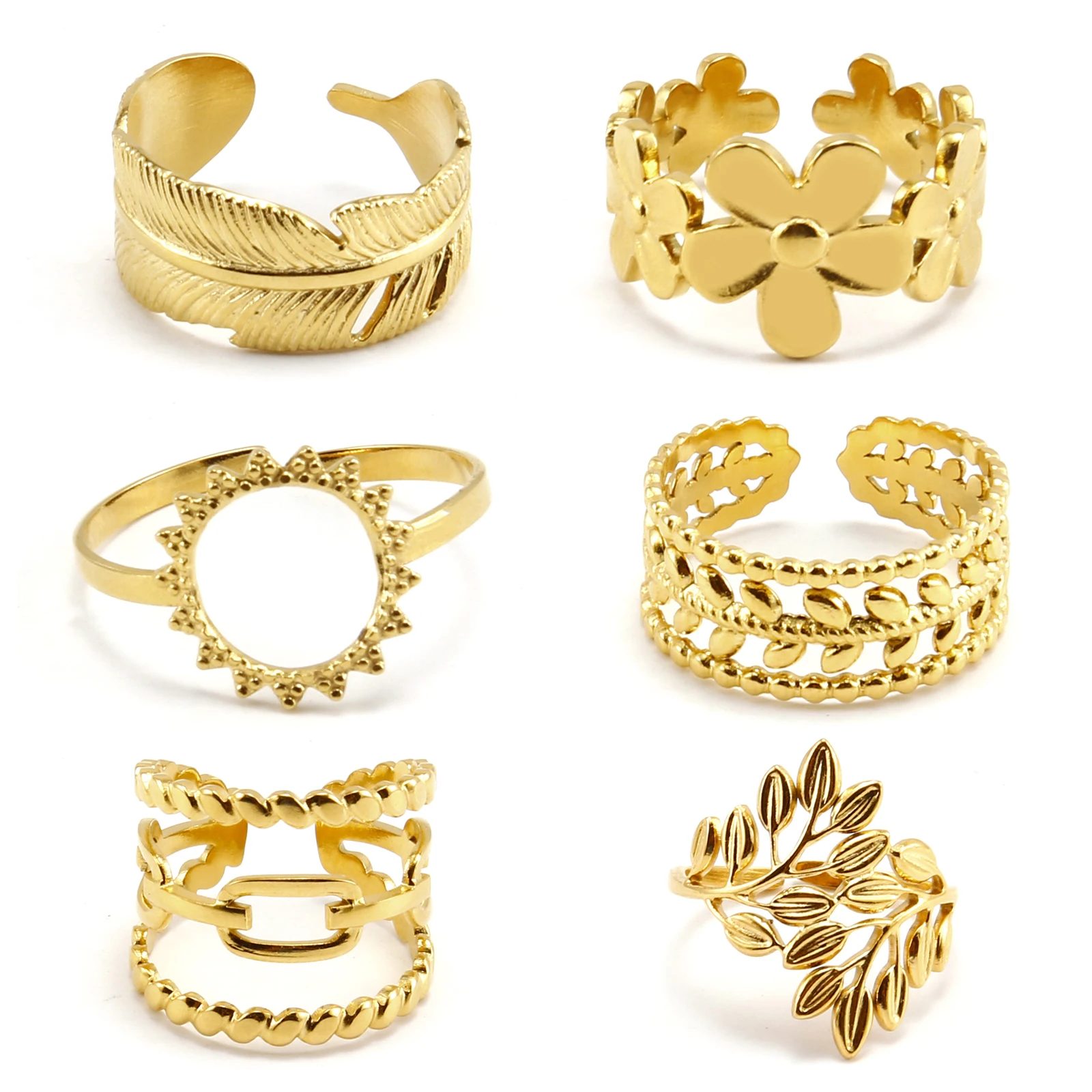 Conjunto de anillos de acero de hoja de olivo dorado/pluma/Flores para mujer, anillo de compromiso de acero inoxidable, joyería de moda ajustable