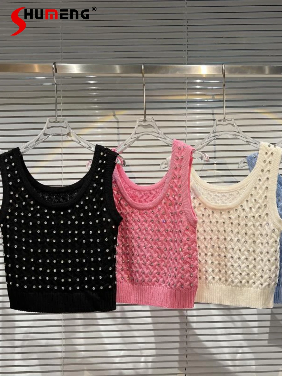 

2022 Summer New Heavy Industry Rhinestone Beaded Knitted Vest Camis Women Candy Color Crew Neck Sleeveless Sweater Waistcoat Top