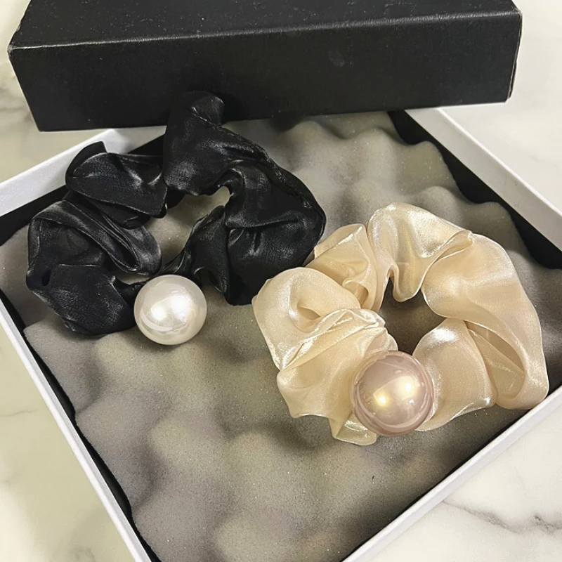 

Korean French Retro Big Pearl Hair Ties Ring Mesh Pig Intestine Hair Rope Coiled Hair Ponytail Rubber Women Hair Accessories
