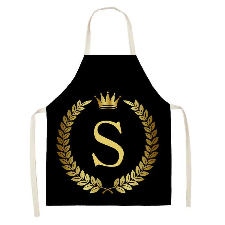 Black Golden Crown Letter Alphabet Print Kitchen Apron for Woman Man Cotton Linen Aprons for Cooking Home Cleaning Tools Tablier images - 6