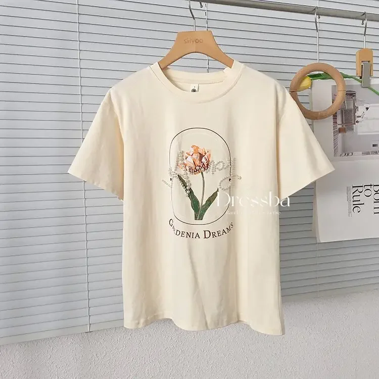 Новая летняя сверхпрочная футболка с жемчужным тюльпаном и круглым вырезом