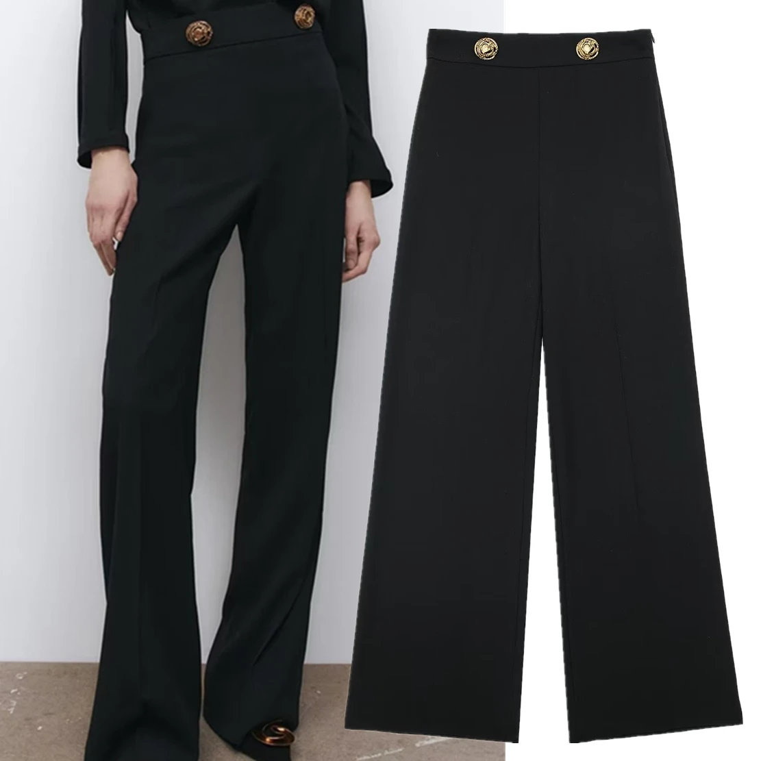 

Maxdutti High Wasit Suits Pants Women New Fashion Gold Buttons
