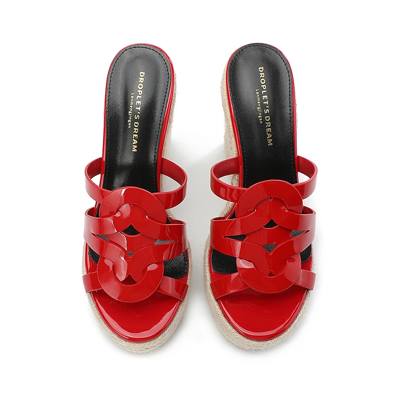 2023 Summer Ultrahigh Heel Women's Slippers Lacquer Leather Hemp Sandals Fashion Open Toe Shoes Outdoor High Heel Slippers34-43