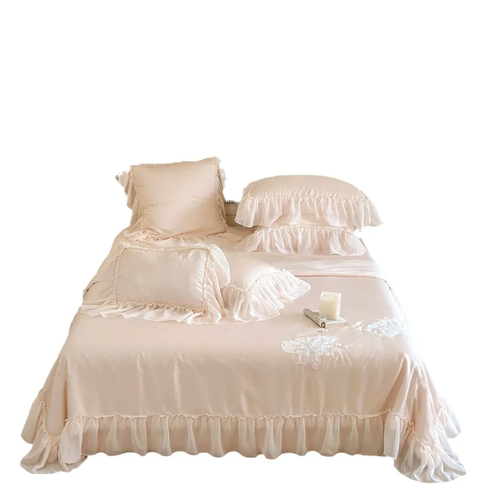 

Princess Style Romantic Washed Cotton Four-Piece Korean Girl Lace Three-Dimensional Embroidered Quilt Cover Bed Sheet