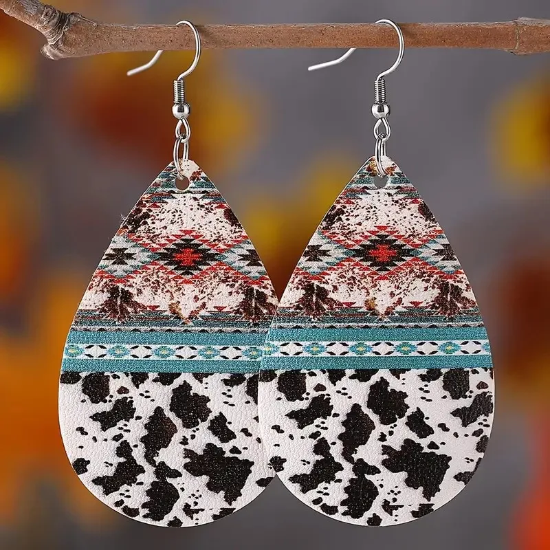 

1Pair Bohemian Fashion Style PU Leather Droplet Earrings Leopard Print Men's and Women's Daily Wear Ear Jewelry Creative Persona