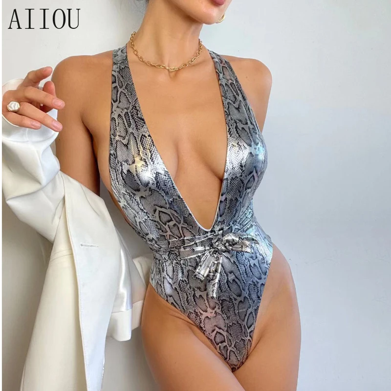 

AIIOU Skinny Snake Print Bodysuit One Piece Outfit Elasticity Tight Deep V Women Swim Party Outfits for Women Clubwear Overall