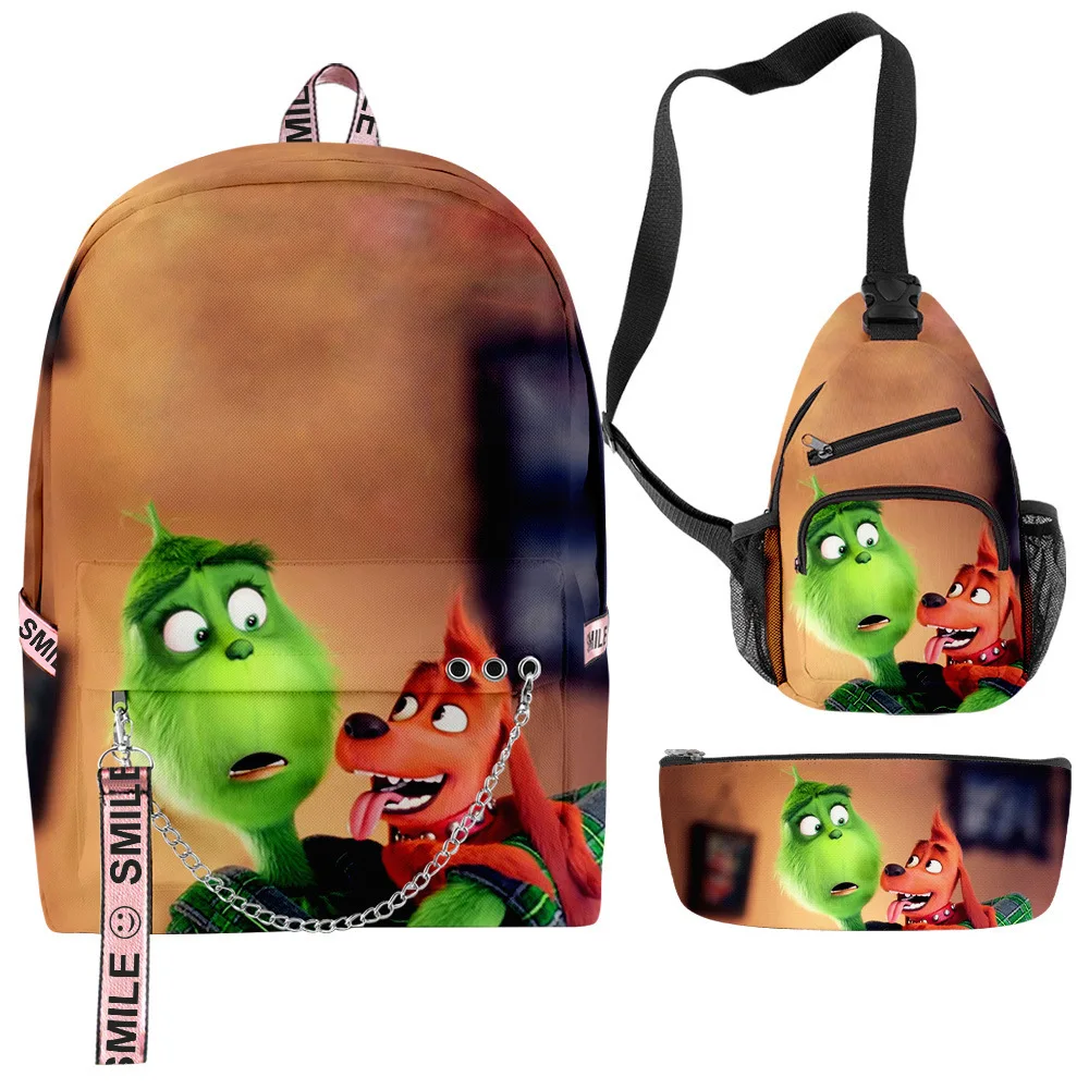 Hip Hop Fashion Green Haired Grinch 3D Print 3pcs/Set Student School Bags multifunction Travel Backpack Chest Bag Pencil Case