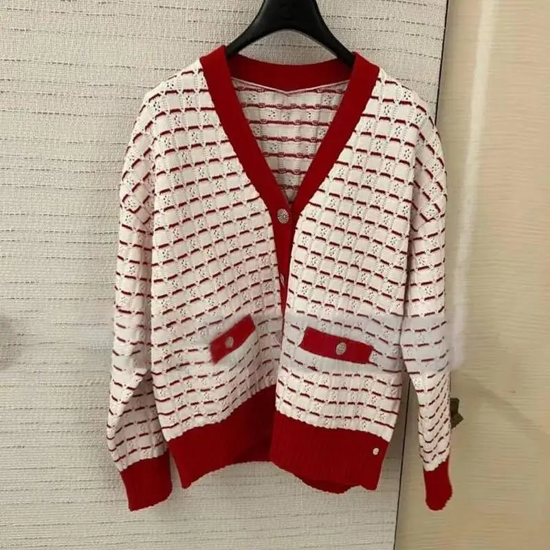 

Red Striped Sweater Coat Contrast Color Loose Cardigans V-Neck Christmas New Year Red Knitted Top Women Sweater 2023 New