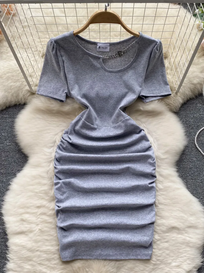 

Fashion Summer T-shirt Dress Solid Chain Cut-out Short Sleee Mini Bodycon Dress Slim Ruched Club Party Dress Casual Streetwear