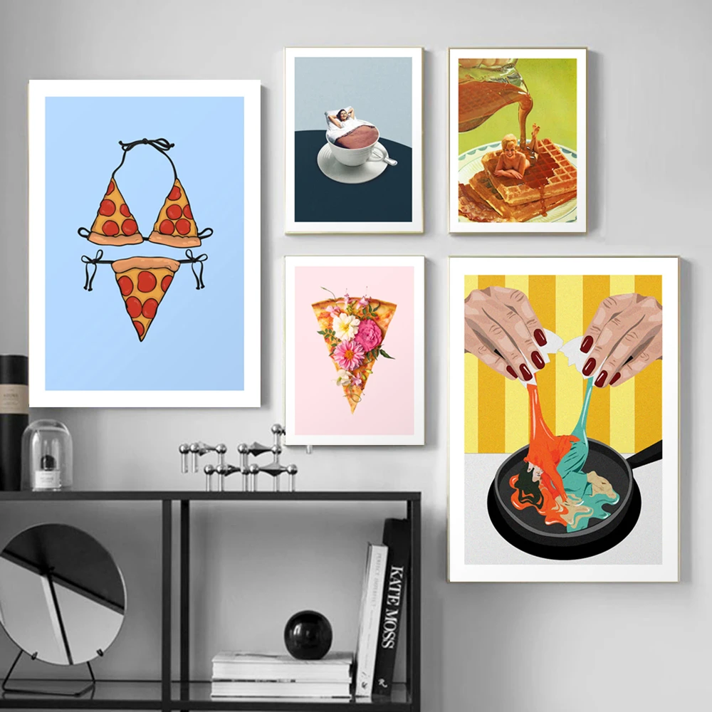 

Pizza Coffee Funny Art Canvas Posters Print Abstract Cartoon Food Painting Nordic Home Decor Wall Picture For Restaurant Kitchen