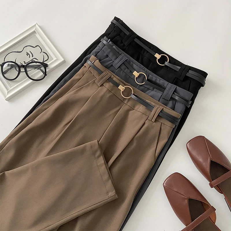 

Korean Style High Waist Straight Cropped Casual Pants for Women 2021 Spring and Autumn New Black Wide-leg Slimming Draping Jum