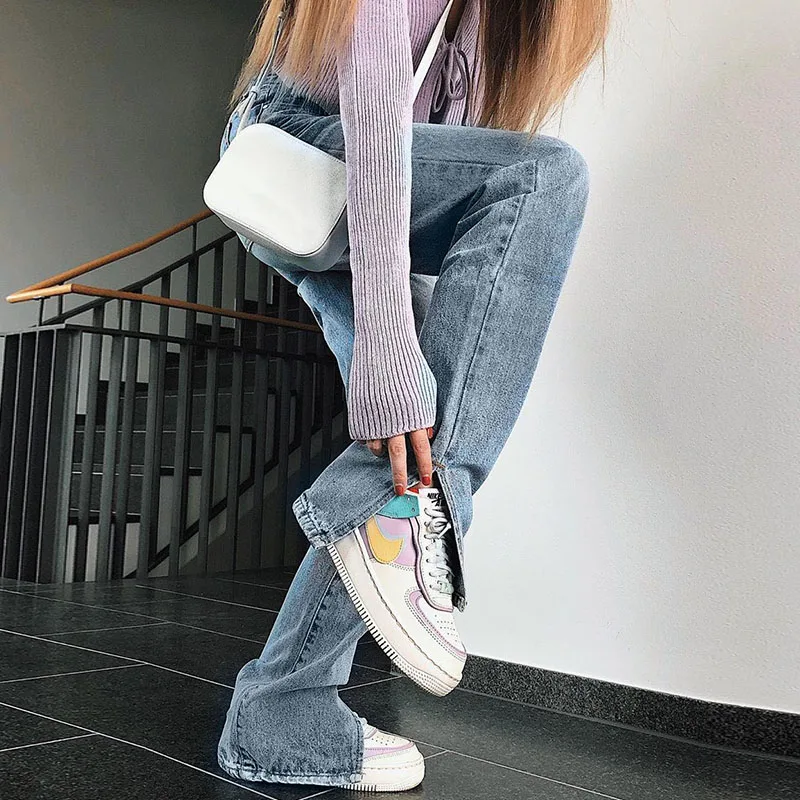 Women Casual High Waist Solid Straight Jeans Side Split Blue Denim Trousers Solid Streetwear Jeans Baggy Pants Pantalons Capris
