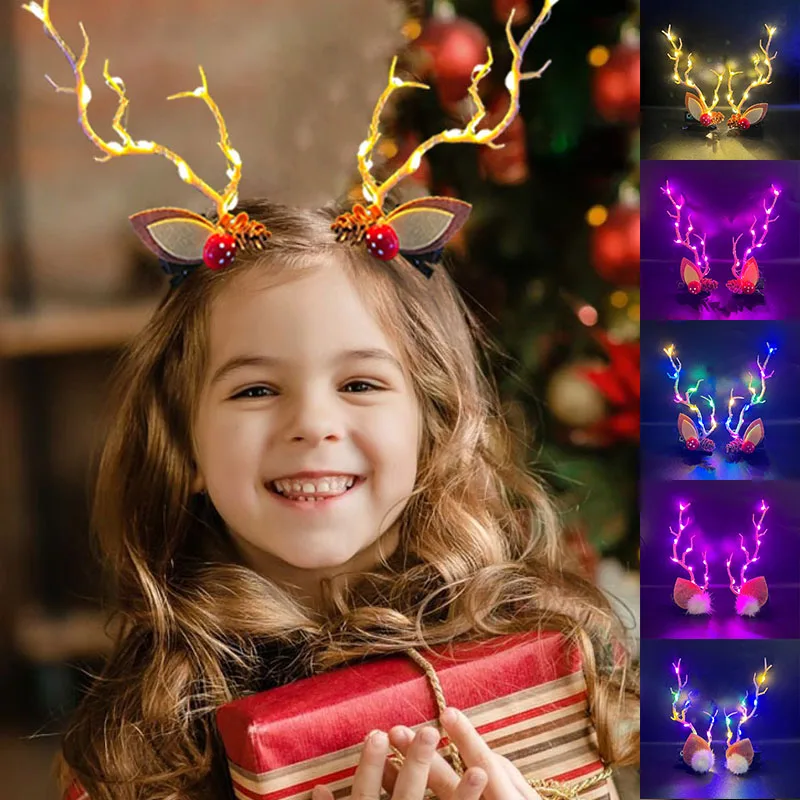 

LED Reindeer Antler Headband Deer Ear Flower Glow Light Crown Party Cosplay Birthday Wedding Christmas Navidad Decoration 2023