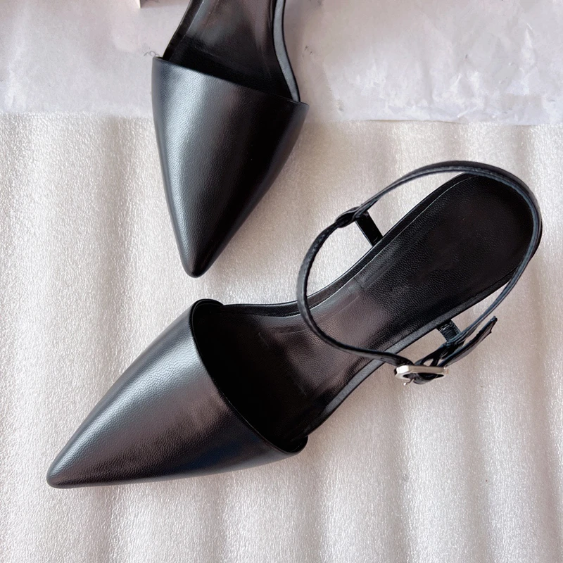 Elmsk Solid Color Party Genuine Leather Ladies Sandals Women 2023 Summer French Retro Pointed Toe Stiletto Sandals