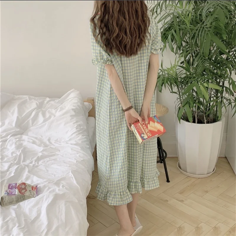 Autumn Casual/Sexy Plaid Nightgown For Women Elastic Nightdress Women's Sweet Neck Short Sleeve Princess Fashion Nightwear