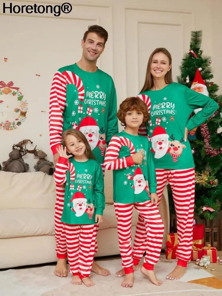 

Рождественская Пижама, семейные одинаковые наряды, пижамы для взрослых и детей, топы с Санта, полосатые брюки, Рождественская одежда для сна, комбинезон для маленьких мальчиков и девочек