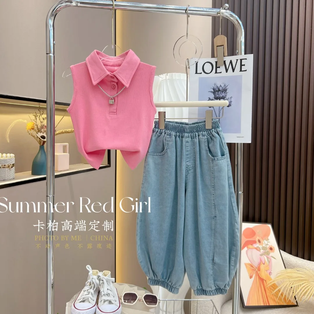 

Girls tank top set 2023 summer new children's clothing foreign style girls solid color vest thin jeans two-piece set