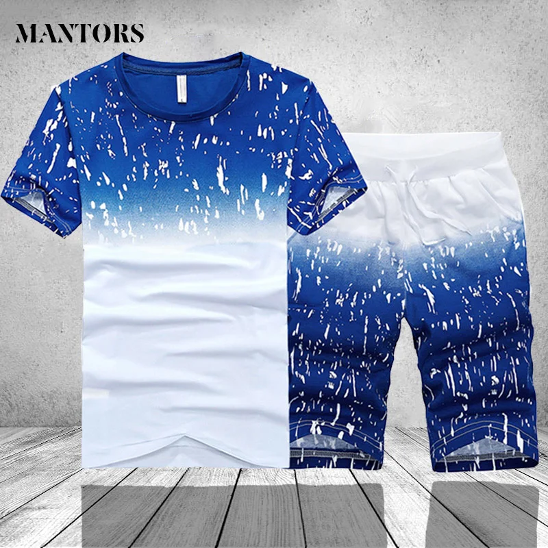 

Tracksuit Men Summer Short Sleeve Casual Tshirt Shorts Mens Sweatsuit 2PC Tee Tops+Sweatpant Male Set 3XL 4XL