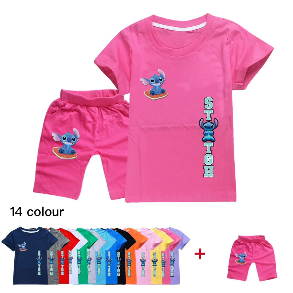 

Toddler Boys Summer 2022 Disney Stitch Anime Cotton Short Sleeves T-Shirts Shorts Fashion Clothing Girls Tops Pants Sets