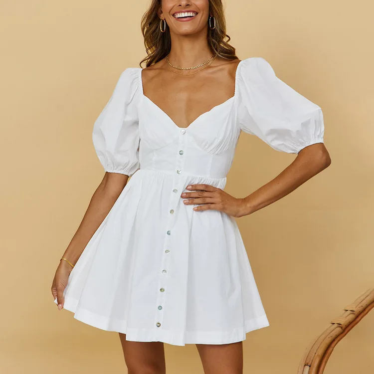 

WomenY2k Mini Dress Cute Short Puff Sleeve V Neck Backless High Waist Babydoll Dress Cute A Line Short White Dress