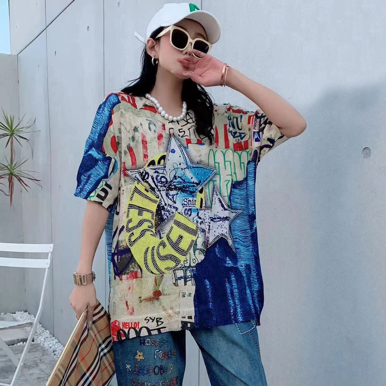 

2213 Korean New Summer Knitted T-shirt Pullover Letter Print Personality Diamonds Oversized Short Sleeve Thin Sweater Top Tide