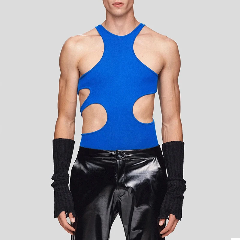 

Майка мужская облегающая с круглым вырезом, пикантный эластичный модный однотонный топ без рукавов, с вырезами, для ночного клуба, уличная одежда