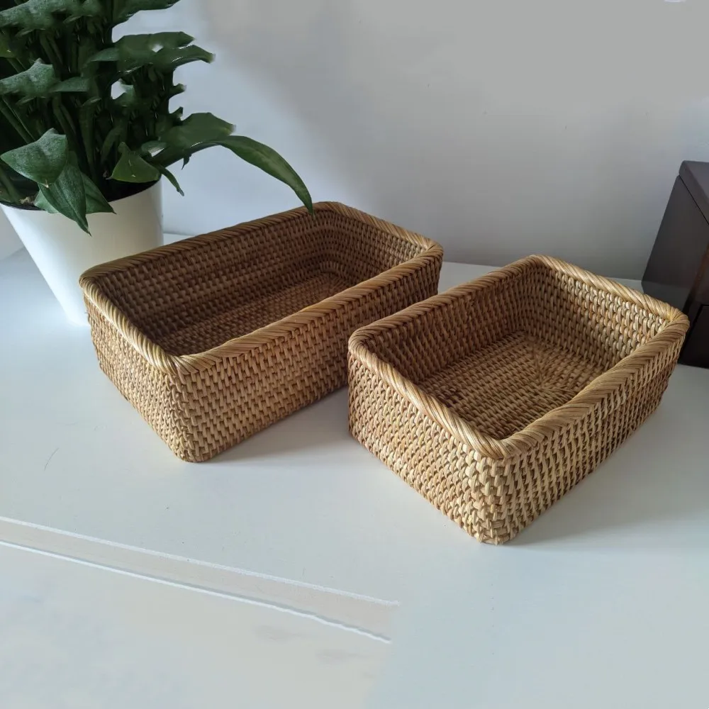 

Country Hand-woven Rattan Wicker Basket Fruit Tea Snack Bread Basket Cosmetic Rectangular Storage Box Household Supplies